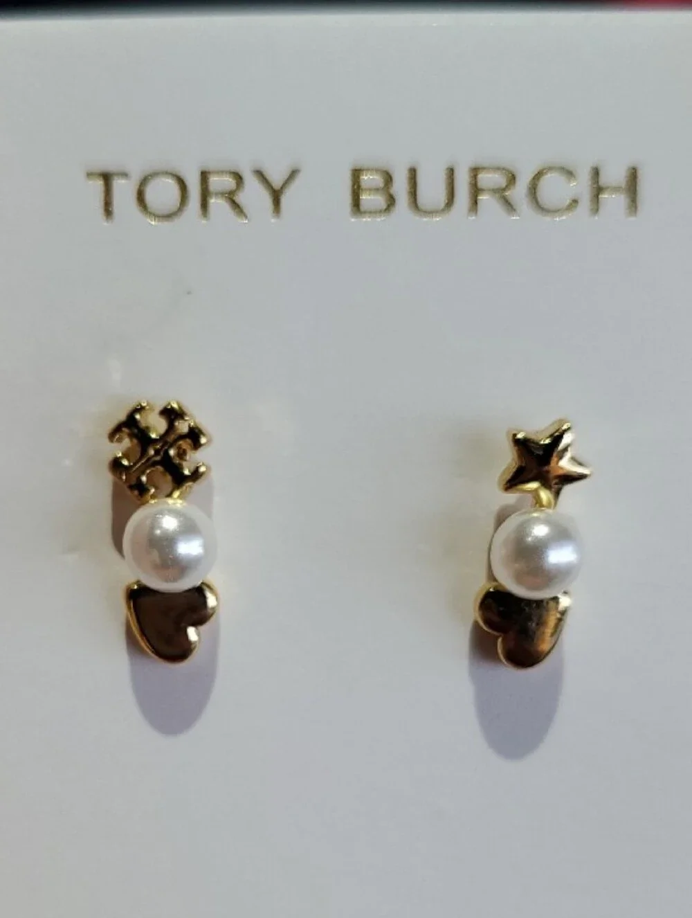 Tory Burch Gold Pearl Heart & Star Drop Studs Post Earrings NWOT Dainty Girlie